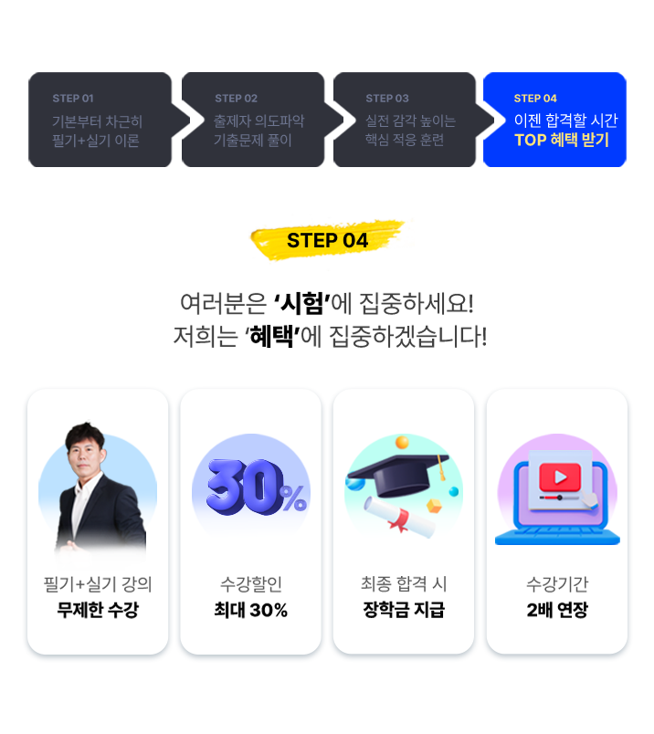 STEP 04 여러분은 ‘시험’에 집중하세요! 저희는 ‘혜택’에 집중하겠습니다!
